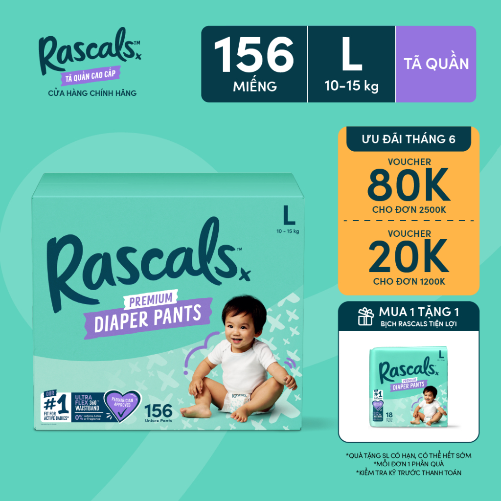 Thùng Tã/Bỉm Quần Rascals Size L (10-15kg) 156 miếng