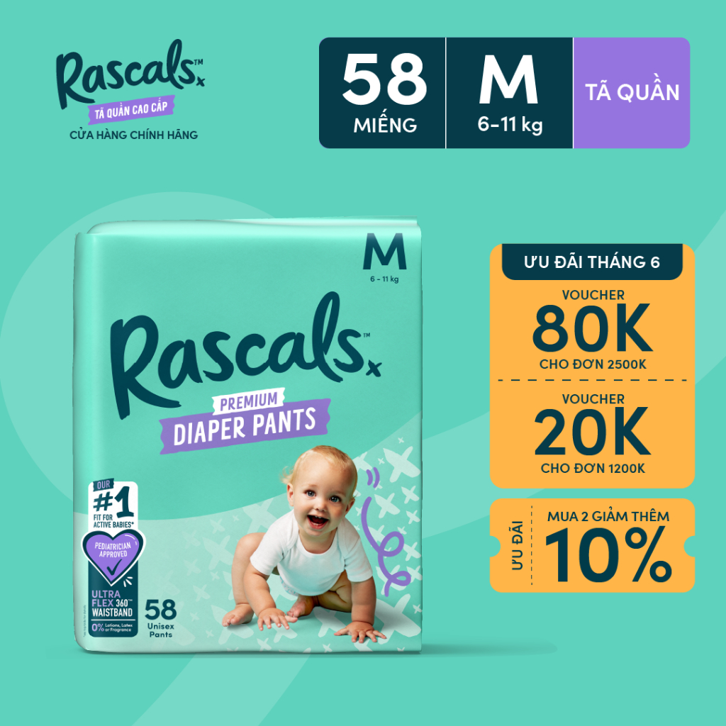 Tã/Bỉm Quần Rascals Size M (6-11kg) 58 miếng