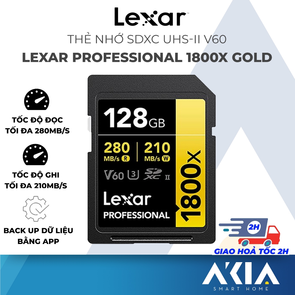 Thẻ nhớ máy ảnh 128GB SDXC Lexar 1800x UHS-II V60, tốc độ đọc lên đến 280MB/s, ghi 210MB/s