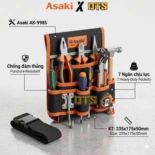 Túi đeo thắt lưng đựng đồ nghề cao cấp Asaki AK-9985, chống thấm, chống đâm thủng, túi đồ nghề sửa chữa chuyên nghiệp