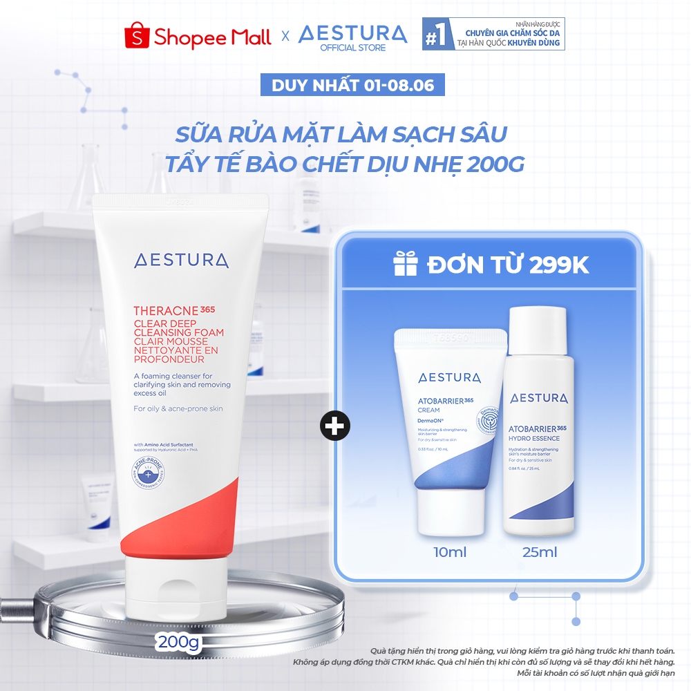 Sữa rửa mặt tạo bọt làm sạch sâu cho da dầu mụn AESTURA THERACNE365 Clear Deep Cleansing 200g