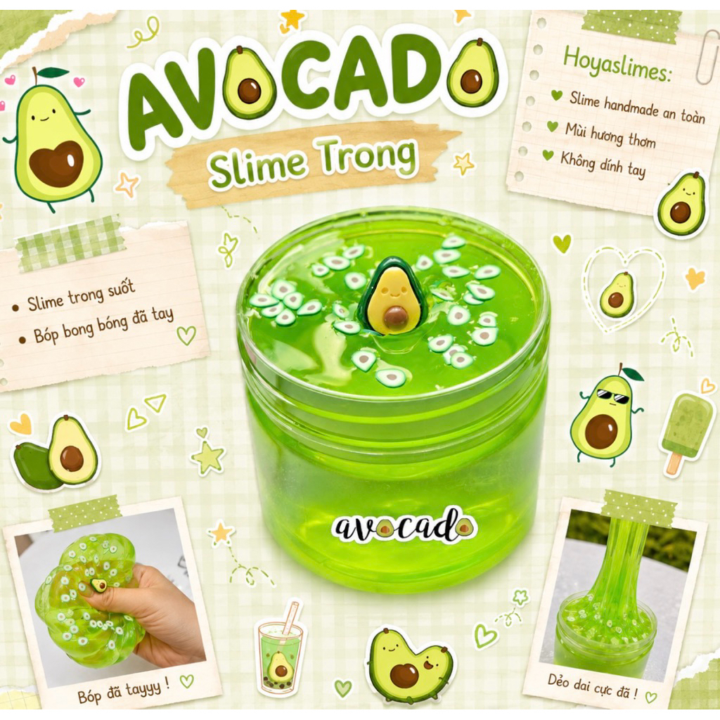 Slime Trái Bơ "Avocado"/ Đồ Chơi Slime Bơ Màu Xanh Bơ Kèm Charm và Cốm/ Slime Trong Dẻo Đẹp Cao Cấp/