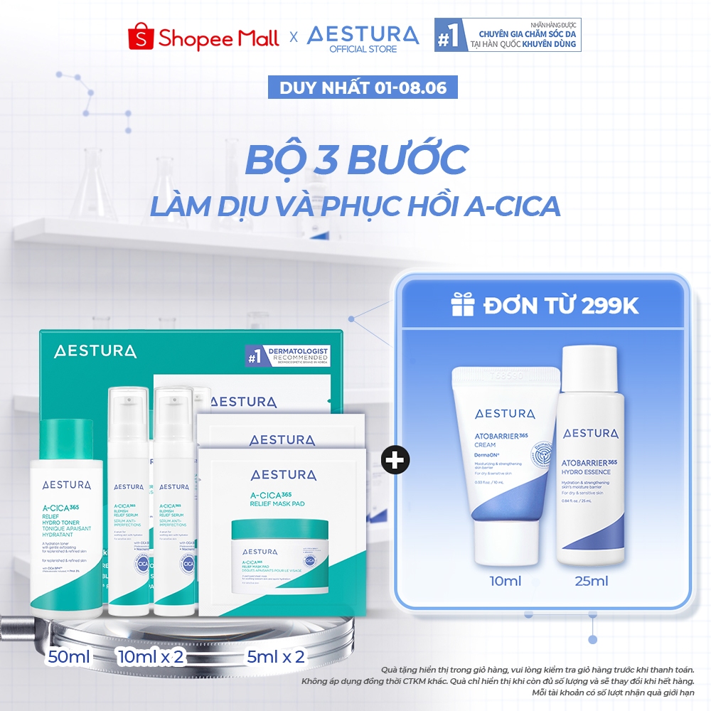 Bộ Sản phẩm 3 bước làm dịu & phục hồi da AESTURA 3-STEP RELIEF FOR SENSITIVE SKIN (Toner 50ml x Seru
