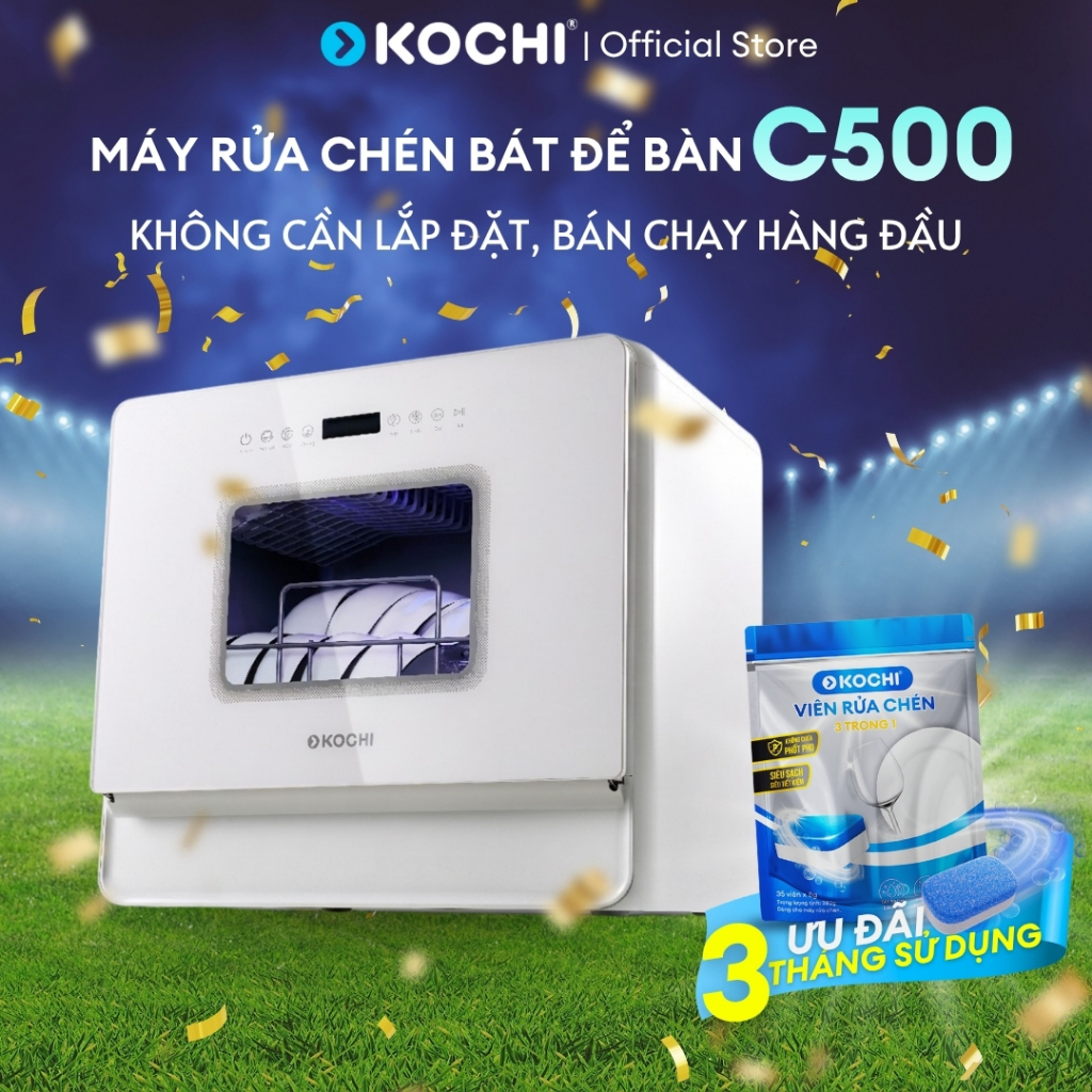 [Bán chạy] Máy rửa chén bát để bàn KOCHI C500 - Sức chứa 6 bộ - Không cần lắp đặt - 5+1 chương trình rửa - Sấy nóng PTC