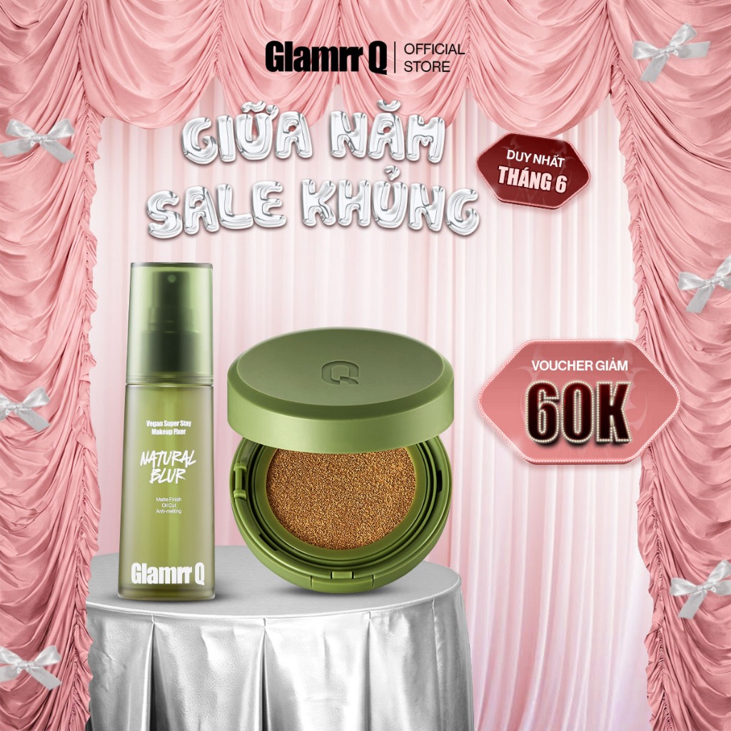 Combo Glamrr Q Cushion &  Xịt Khóa Nền Cố Định Glamrr Q Vegan Super Stay Makeup Fixer 50ml