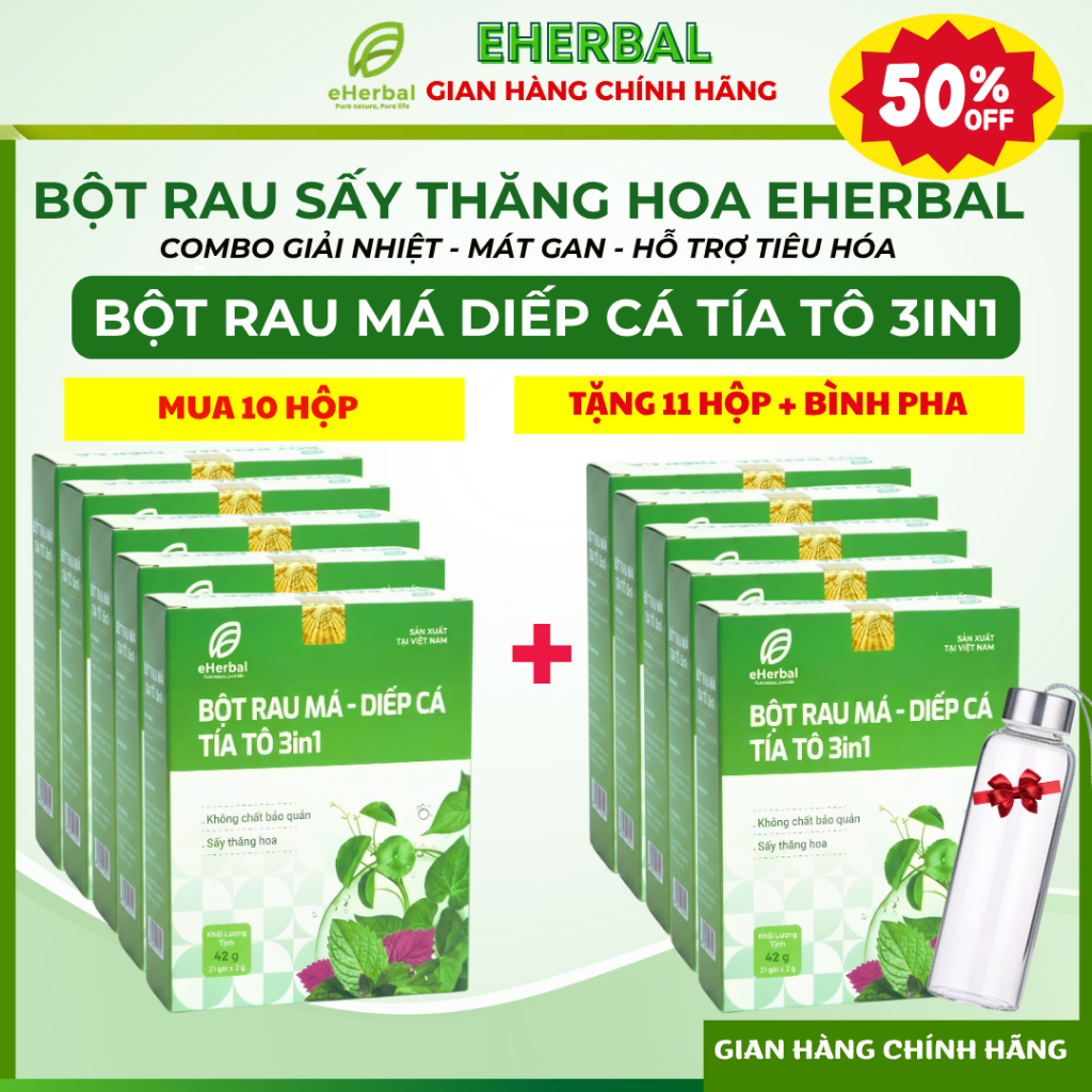 [Siêu Ưu Đãi - Sỉ Thùng 21 Hộp] Detox 3 in 1 Rau Má Diếp Cá Tía Tô Nguyên chất Eherbal Sấy thăng hoa