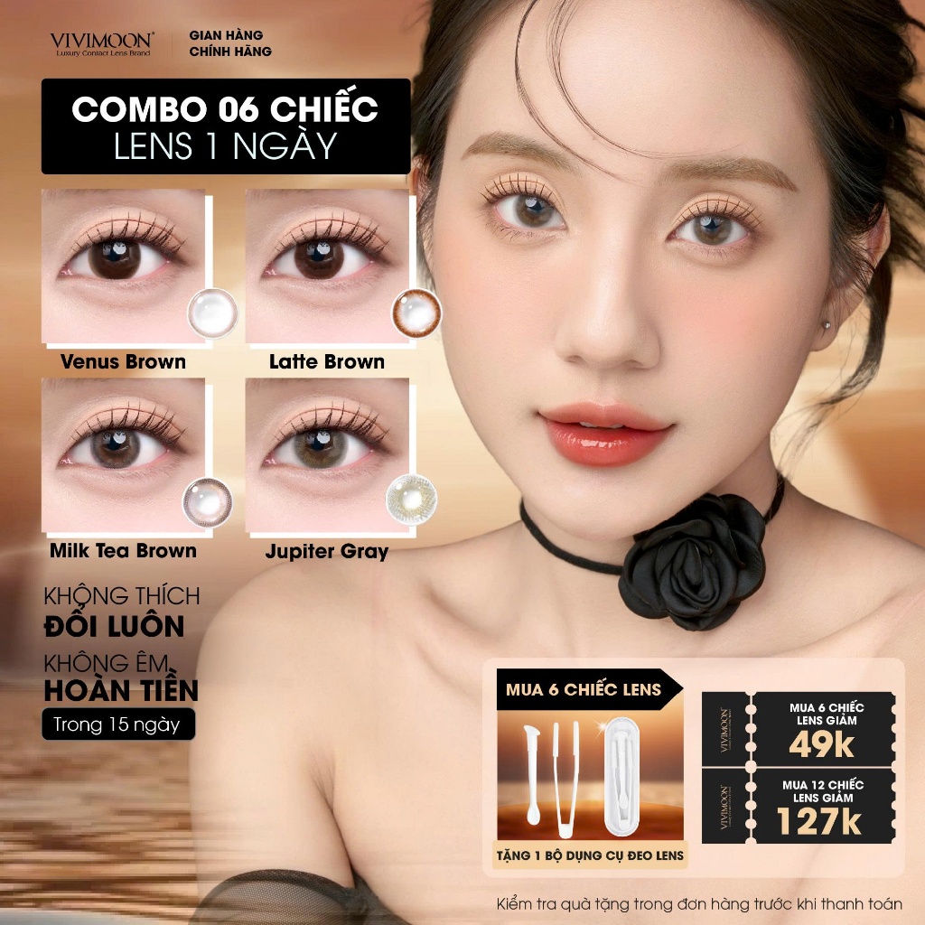 [6 CHIẾC] VIVIMOON Lens 1 ngày, kính áp tròng cận khóa ẩm Milk Tea Brown, Venus Brown, Latte Brown, 