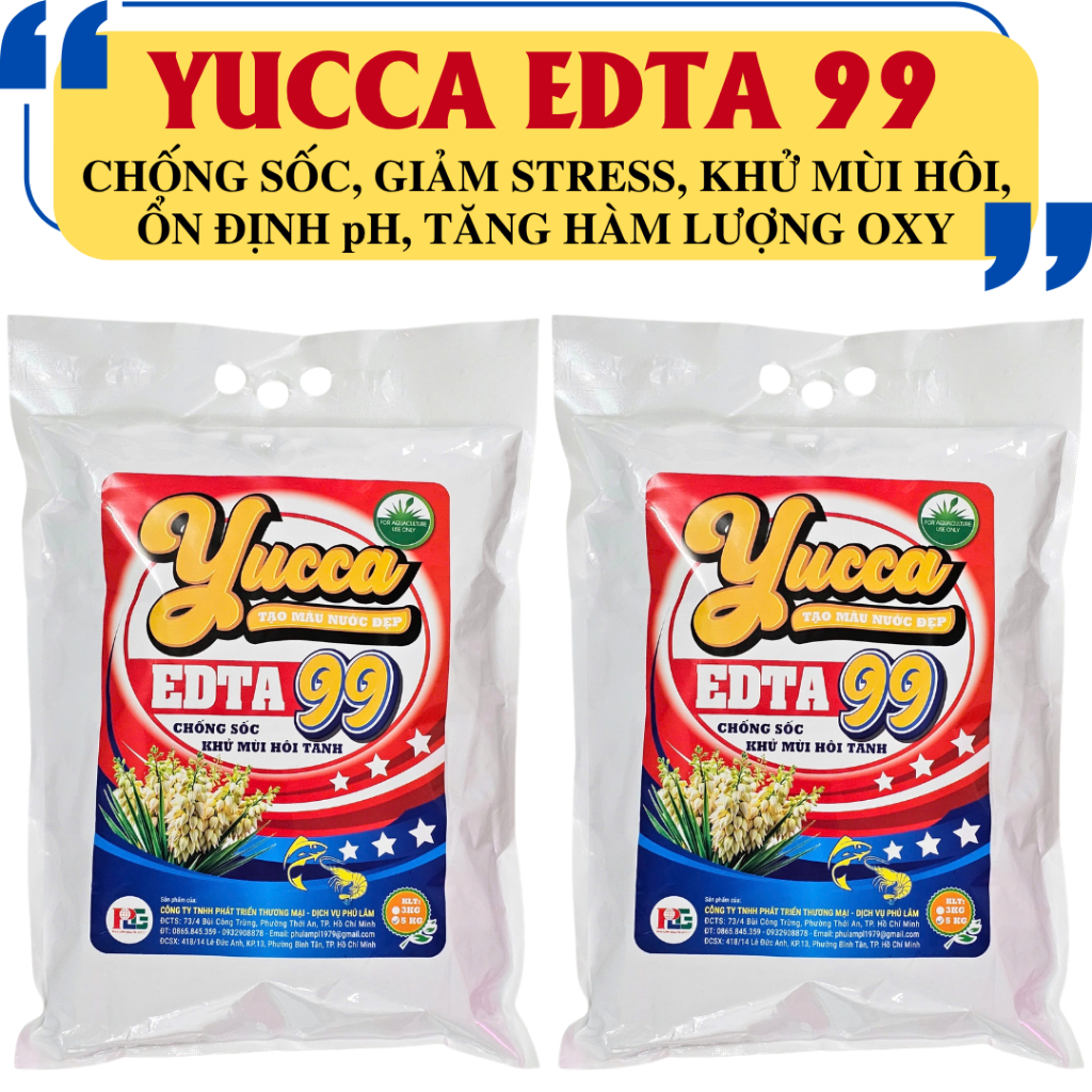 YUCCA EDTA 99 (5KG) - CHỐNG SỐC, GIẢM STRESS, TĂNG TỶ LỆ SỐNG, TĂNG HÀM LƯỢNG OXY CHO AO NUÔI TÔM