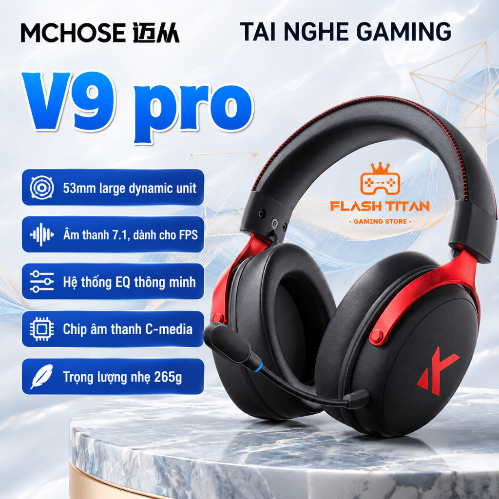 Tai nghe Gaming Mchose V9 PRO Không Dây,Hỗ Trợ App Tùy Chỉnh, Mic Đàm Thoại,Nghe Rõ Tiếng Bước Chân, Dùng chơi Game FPS