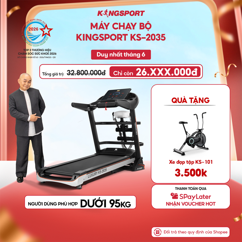 Máy chạy bộ KINGSPORT KS-2035 đa năng, thao tác phím cảm ứng, thiết kế sang trọng cứng cáp