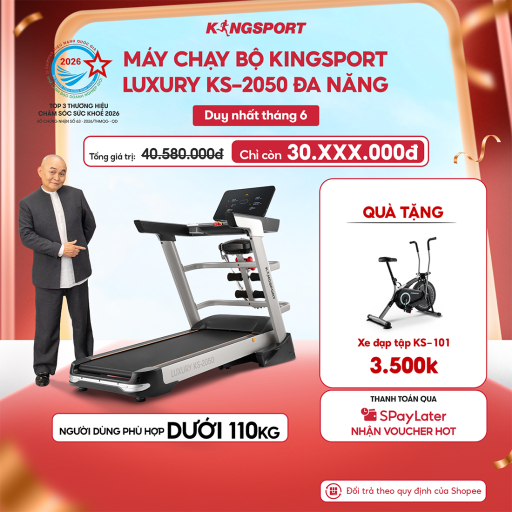 Máy chạy bộ KINGSPORT Luxury KS-2050 tốc độ đến 18,8km/h, 12 bài luyện tập, tra dầu tự động
