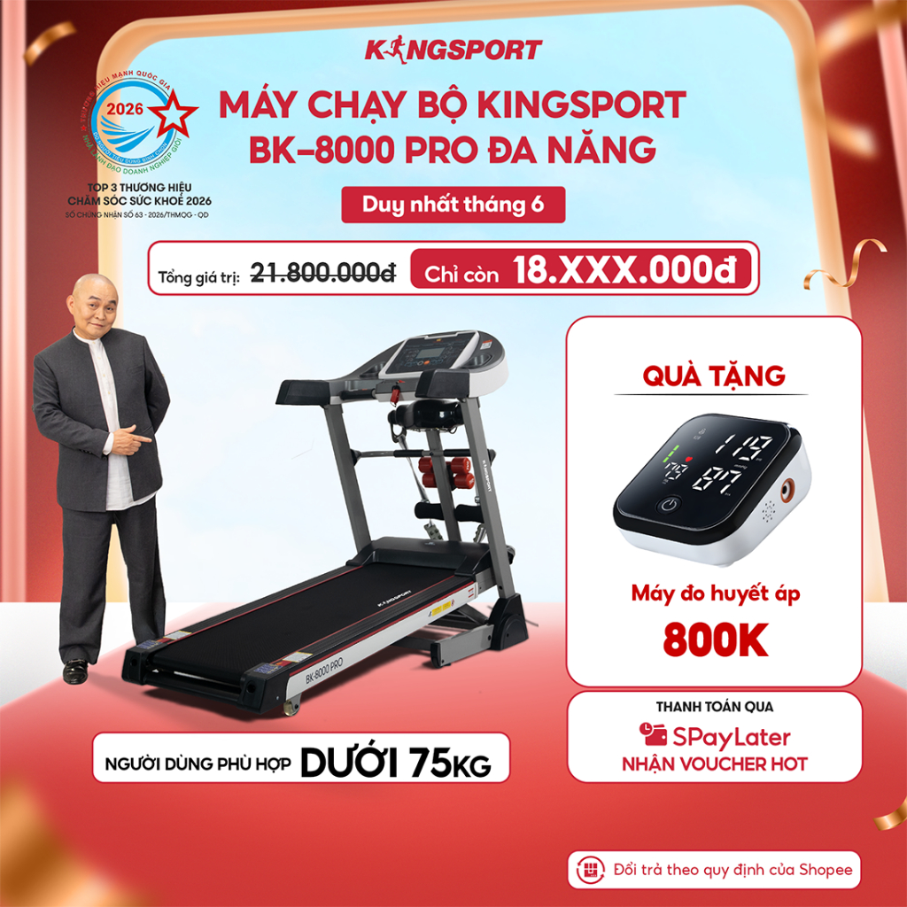 [KOL - CHỈ GIAO MIỀN NAM] Máy chạy bộ KINGSPORT BK-8000 Pro đa năng, tốc độ tối đa 14km/h, có đai ma