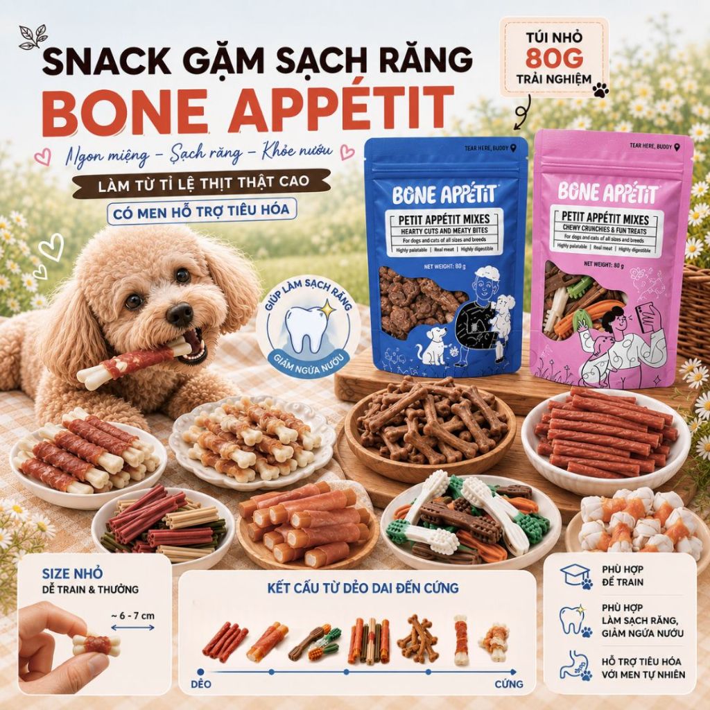 Que gặm sạch răng cho chó Bone Appetit (Gói nhỏ Net 60g) snack dinh dưỡng bánh thưởng cho chó