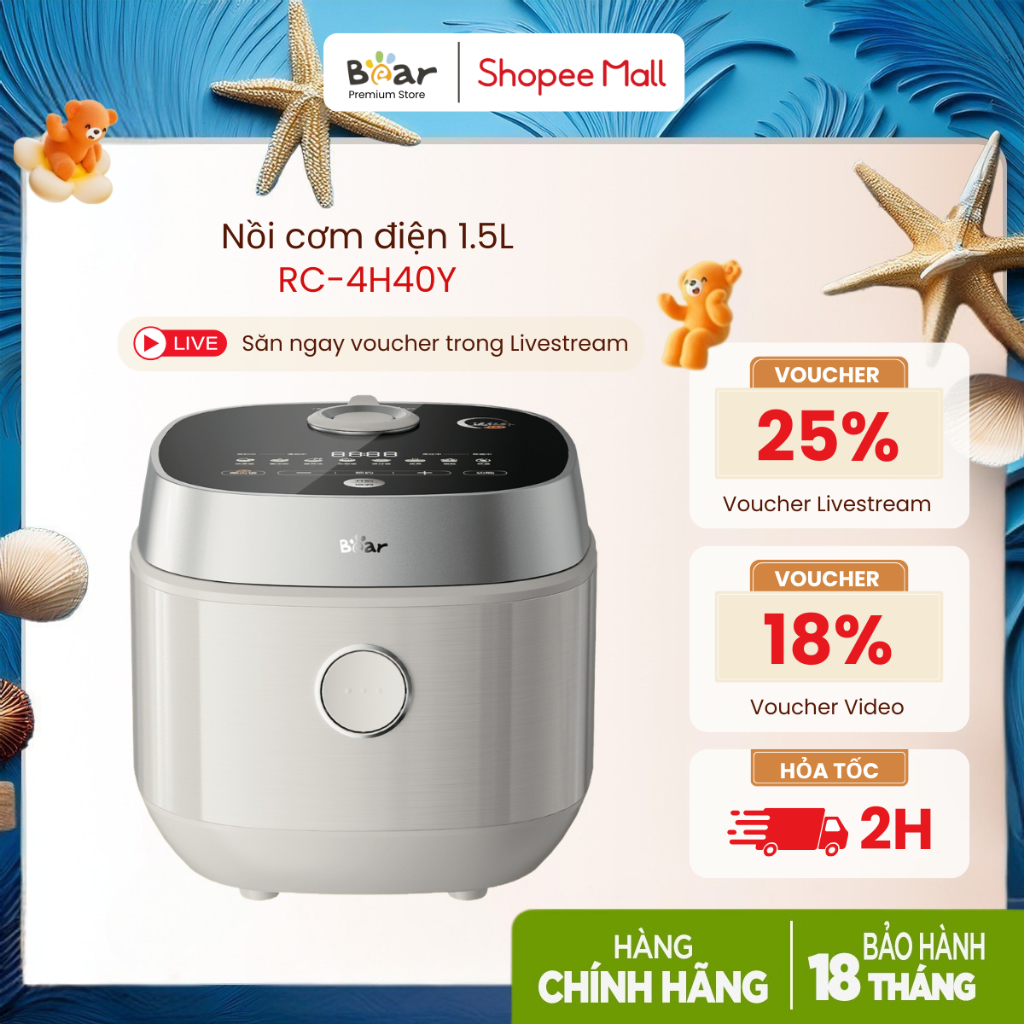 Nồi cơm điện 1,5L Bear DFB-J40Q5 (RC-4H40Y) | 800W - Ceramic Pro 9H - 8 chế độ nấu tùy chỉnh - Van g
