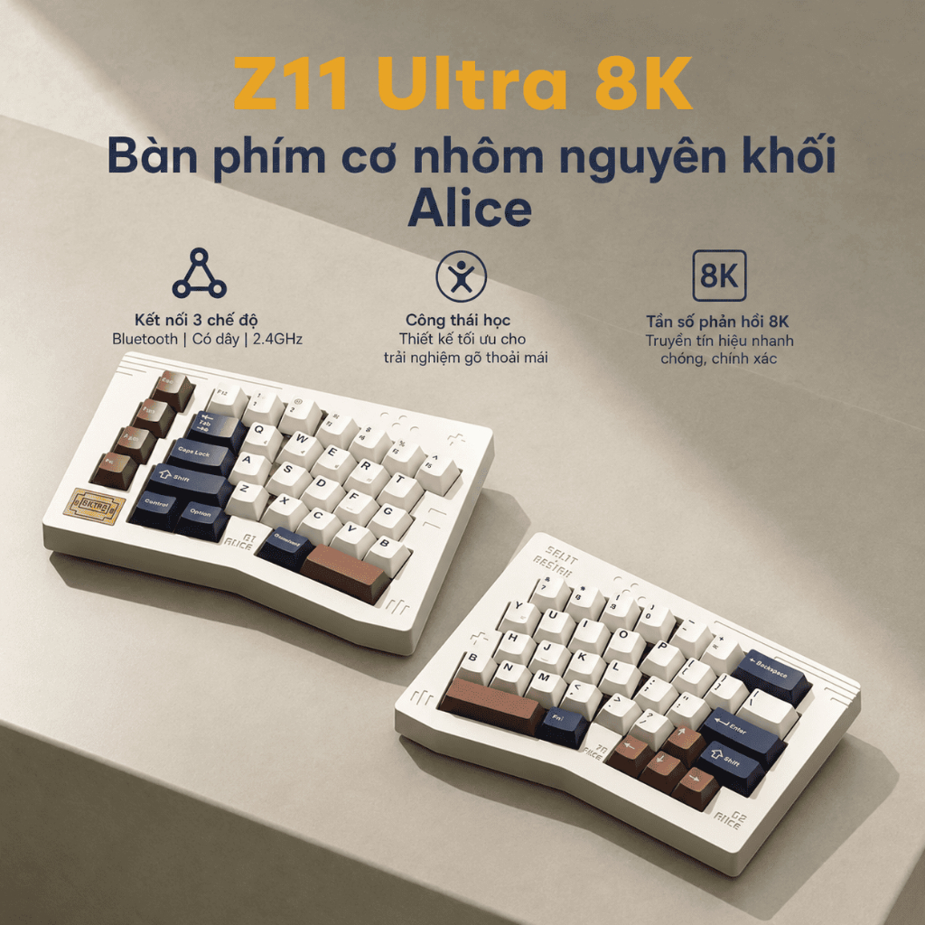 Bàn Phím Cơ Keychron Z11 Ultra 8K Alice Split CNC Nhôm Nguyên Khối | Bluetooth 5.2 | Wireless 2.4GHz | Pin 8000mAh | Mac | BigBuy360 - bigbuy360.vn