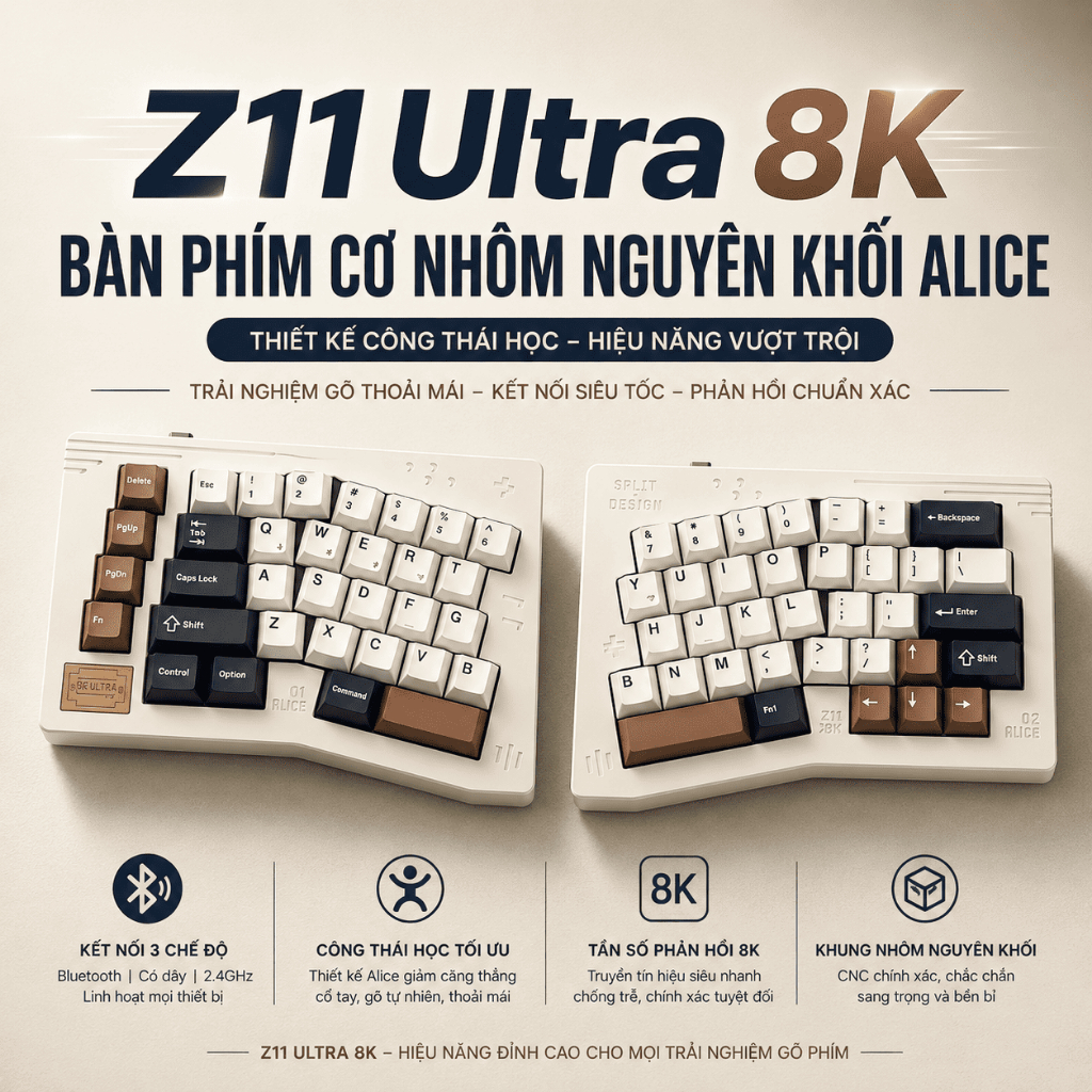 Bàn Phím Cơ Keychron Z11 Ultra 8K Alice Split CNC Nhôm Nguyên Khối | Bluetooth 5.2 | Wireless 2.4GHz | Pin 8000mAh | Mac | BigBuy360 - bigbuy360.vn