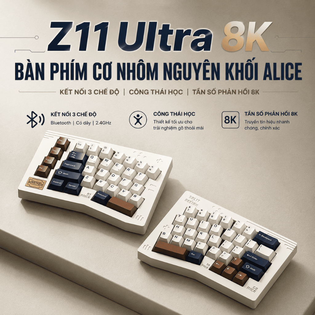 Bàn Phím Cơ Keychron Z11 Ultra 8K Alice Split CNC Nhôm Nguyên Khối | Bluetooth 5.2 | Wireless 2.4GHz | Pin 8000mAh | Mac | BigBuy360 - bigbuy360.vn
