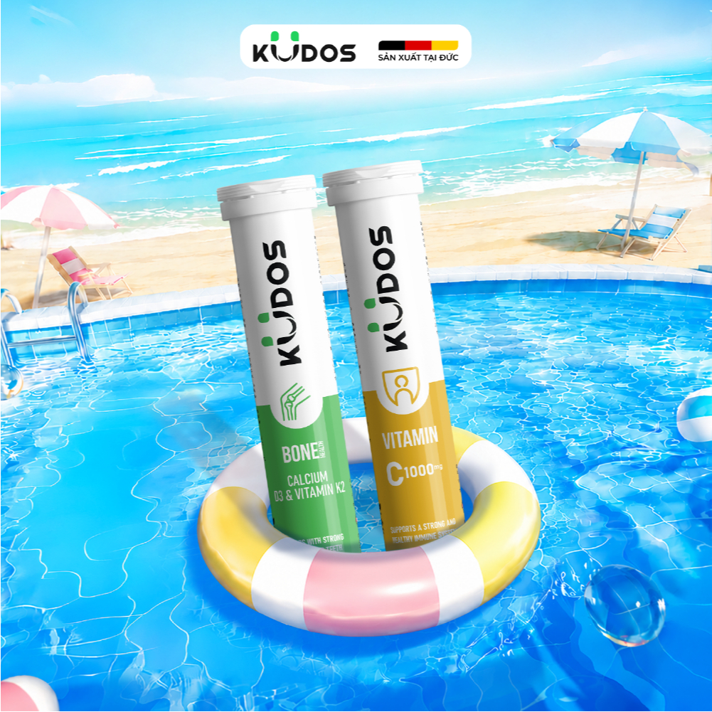 Combo 2 TPBVSK Viên sủi KUDOS BONE bổ sung canxi, D3 và K2 + Viên sủi KUDOS VITAMIN C 1000MG (20 viê