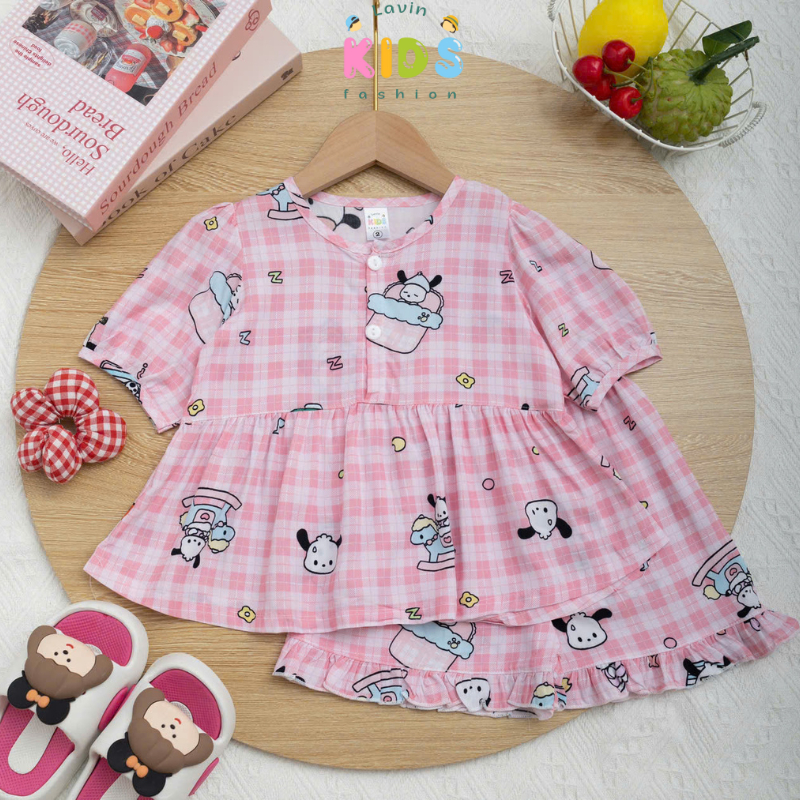 Bộ tole tay ngắn form babydoll cài 3 cúc cho bé gái size 8-15kg- Lavin Kids