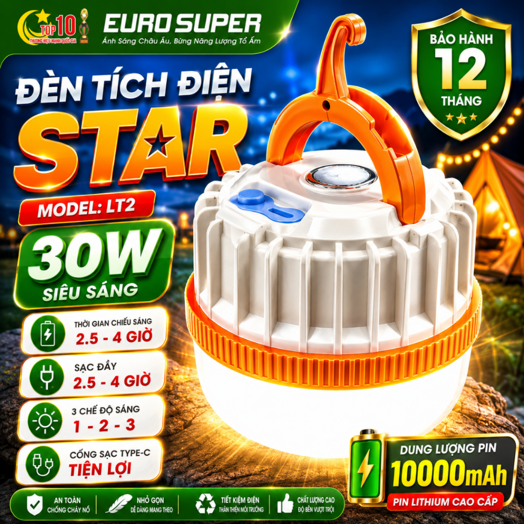 Đèn Tích Điện EURO SUPER STAR 30W Pin Lithium 10000mAh - Đèn Cắm Trại Siêu Sáng Chiếu Sáng Khẩn Cấp