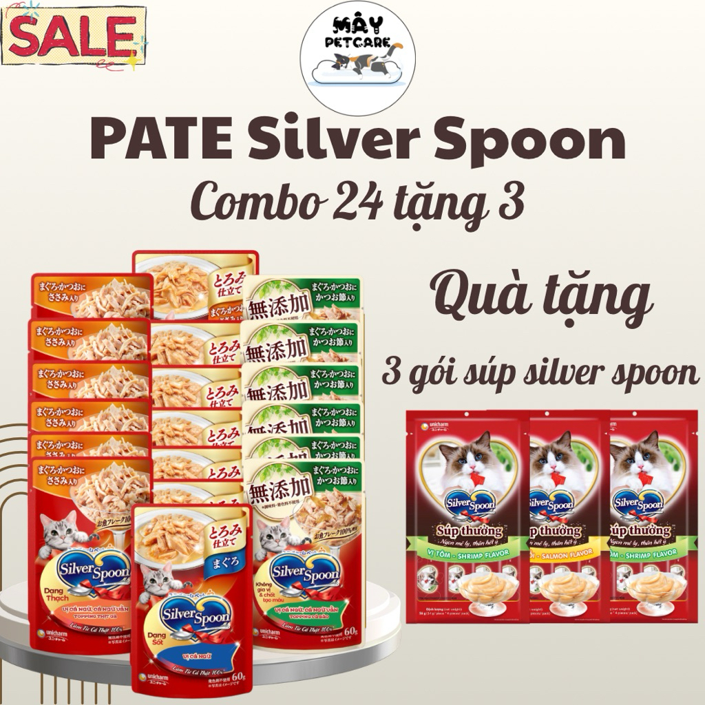 [Combo 24 tặng 12 súp thưởng (3 gói)] Pate Silver Spoon Thức ăn ướt cho mèo Silver Spoon đủ vị