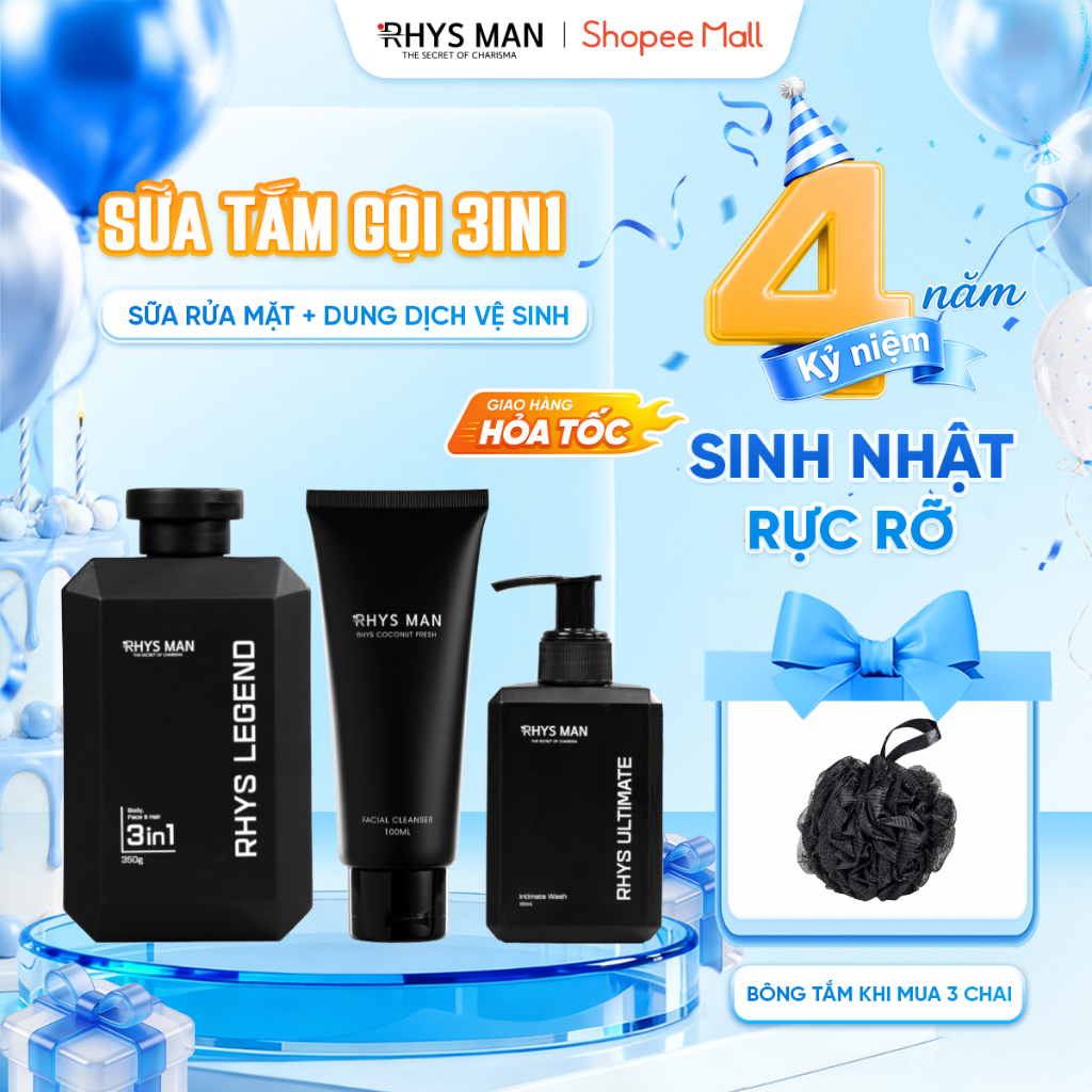 Sữa tắm gội nam 3in1 Rhys Man 350ml & Dung dịch vệ sinh nam bạc hà 120ml Rhys Ultimate RHYSMAN