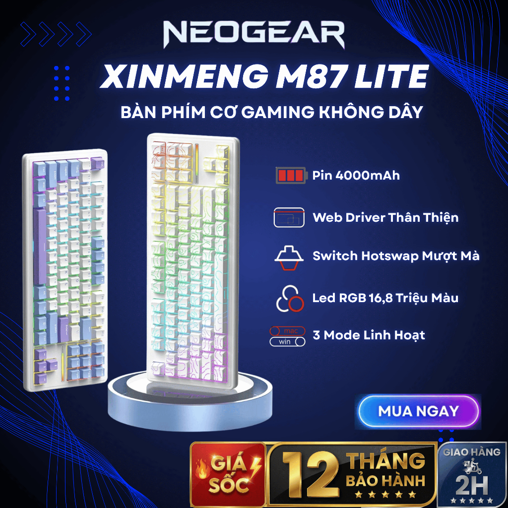 ⚡[NEW Cực Hot] Bàn Phím Cơ Gaming Không Dây Xinmeng M87 Lite, Gasket Mount, PBT DoubleShot, FullFoam