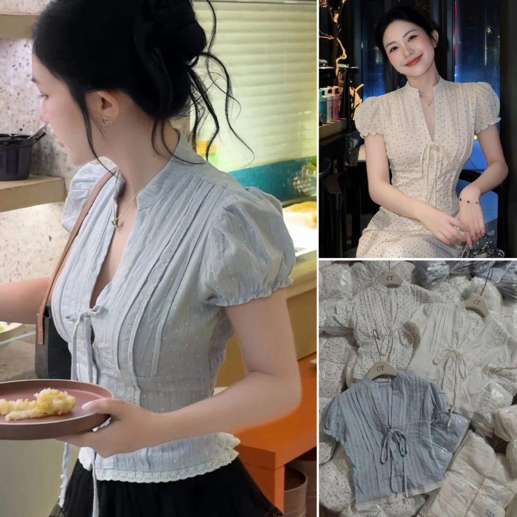 Áo Kiểu Nữ Dáng Croptop Tay Bồng MILA TOP, Chi Tiết Cổ Tàu Tay Bồng Cột Dây Nơ | BigBuy360 - bigbuy360.vn