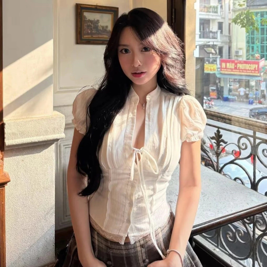 Áo Kiểu Nữ Dáng Croptop Tay Bồng MILA TOP, Chi Tiết Cổ Tàu Tay Bồng Cột Dây Nơ | BigBuy360 - bigbuy360.vn