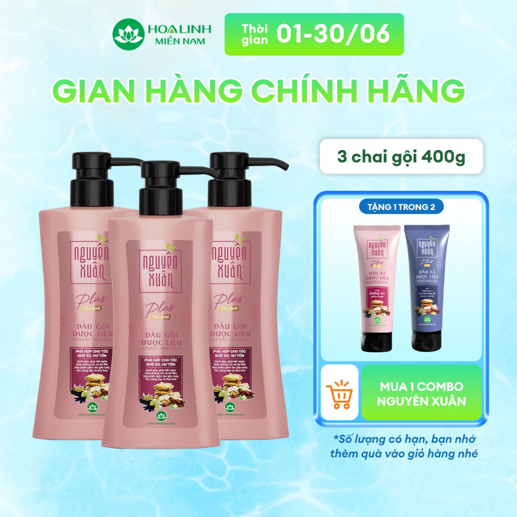 Combo 3 chai dầu gội dược liệu Nguyên Xuân Plus siêu mượt 400g/chai