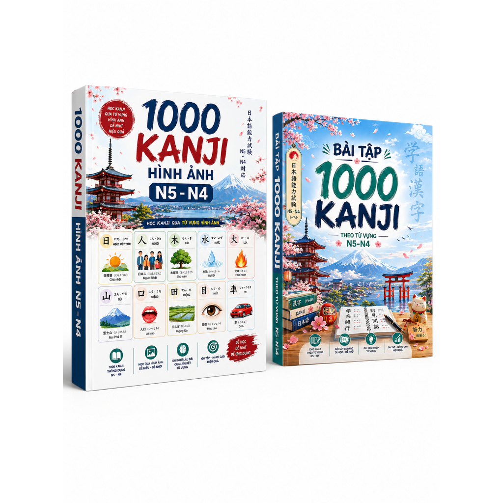 Combo - Sách học 1000 kanji theo từ vựng N5-n4 + bài tập