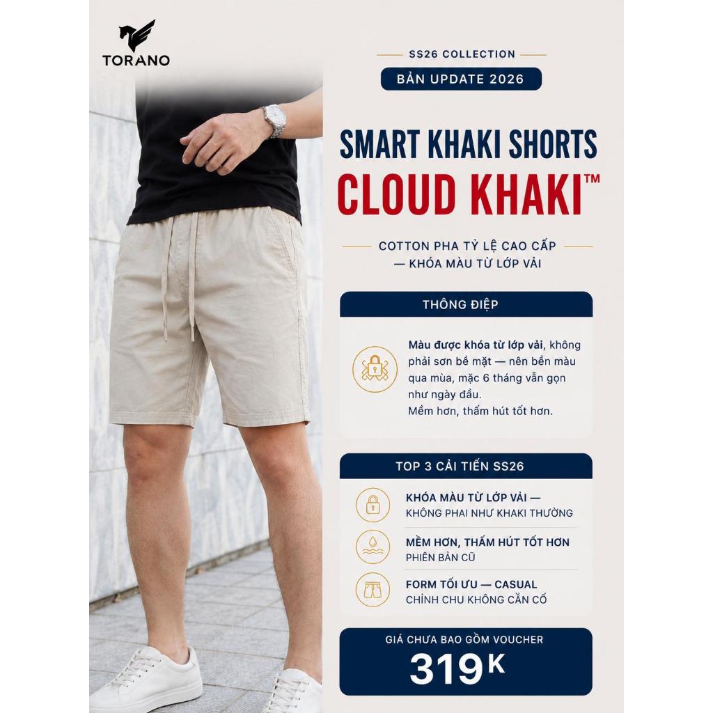 Quần short kaki nam SMART KHAKI SHORTS TORANO dáng basic cạp chun bền màu FSBK010 | BigBuy360 - bigbuy360.vn