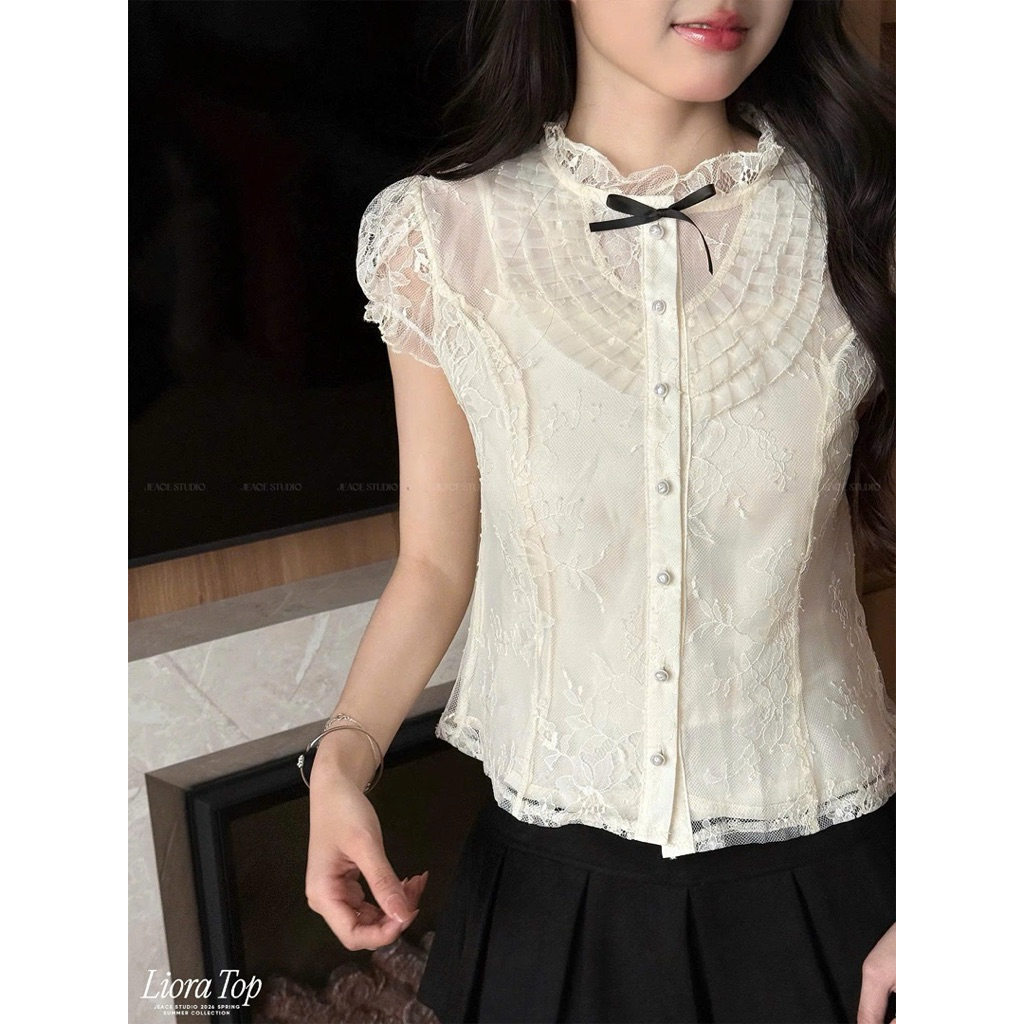 Áo ren trắng cổ Victorian xếp tầng tay bồng nhẹ tiểu thư feminine Jeace Studio Liora Top A78