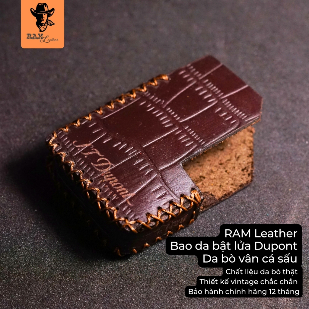 Bao Da Bật Lửa Dupont RAM Leather Da Bò Vân Cá Sấu – May Nghệ Thuật – Bảo Vệ Bật Lửa