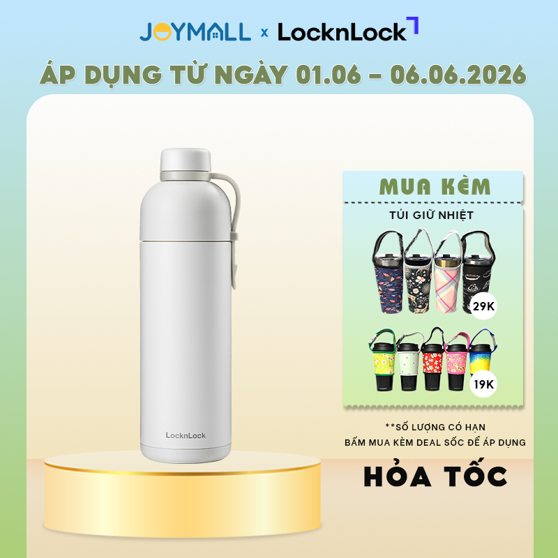 Bình giữ nhiệt LocknLock Belt Bottle Ngà LHC4267IVY 490ml, Hàng chính hãng, có quai xách - JoyMall