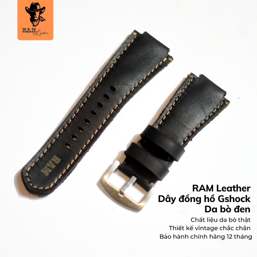 Dây Đồng Hồ GShock RAM Leather Da Bò Đen Siêu bền – Phù Hợp GShock Gắn 16mm 18mm