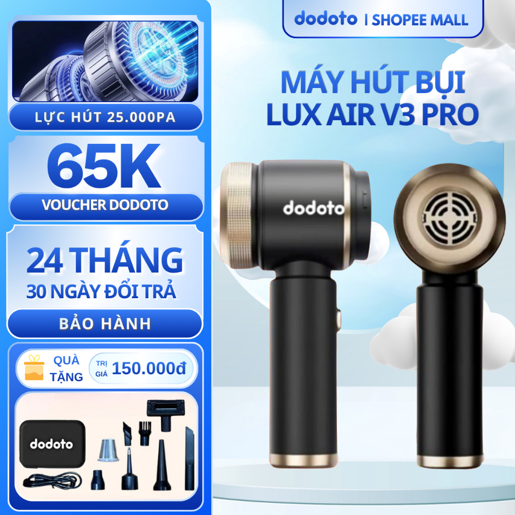 Máy hút bụi cầm tay dodoto mini không dây Lux Air V3, lực hút 25000 Pa, Bảo hành 24 tháng