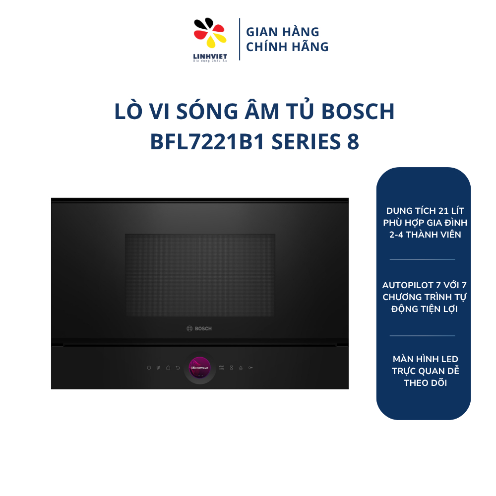 Lò Vi Sóng Âm Tủ Bosch BFL7221B1 Serie 8 21L Màu Đen | AutoPilot 7 | Hydro Clean | Điều Khiển Cảm Ứn