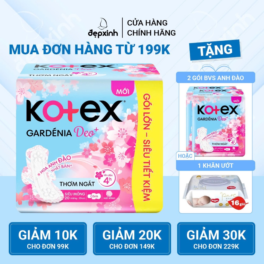 Băng vệ sinh Kotex Gardenia Deo+ Hoa Anh Đào siêu mỏng cánh 23cm x 20 miếng