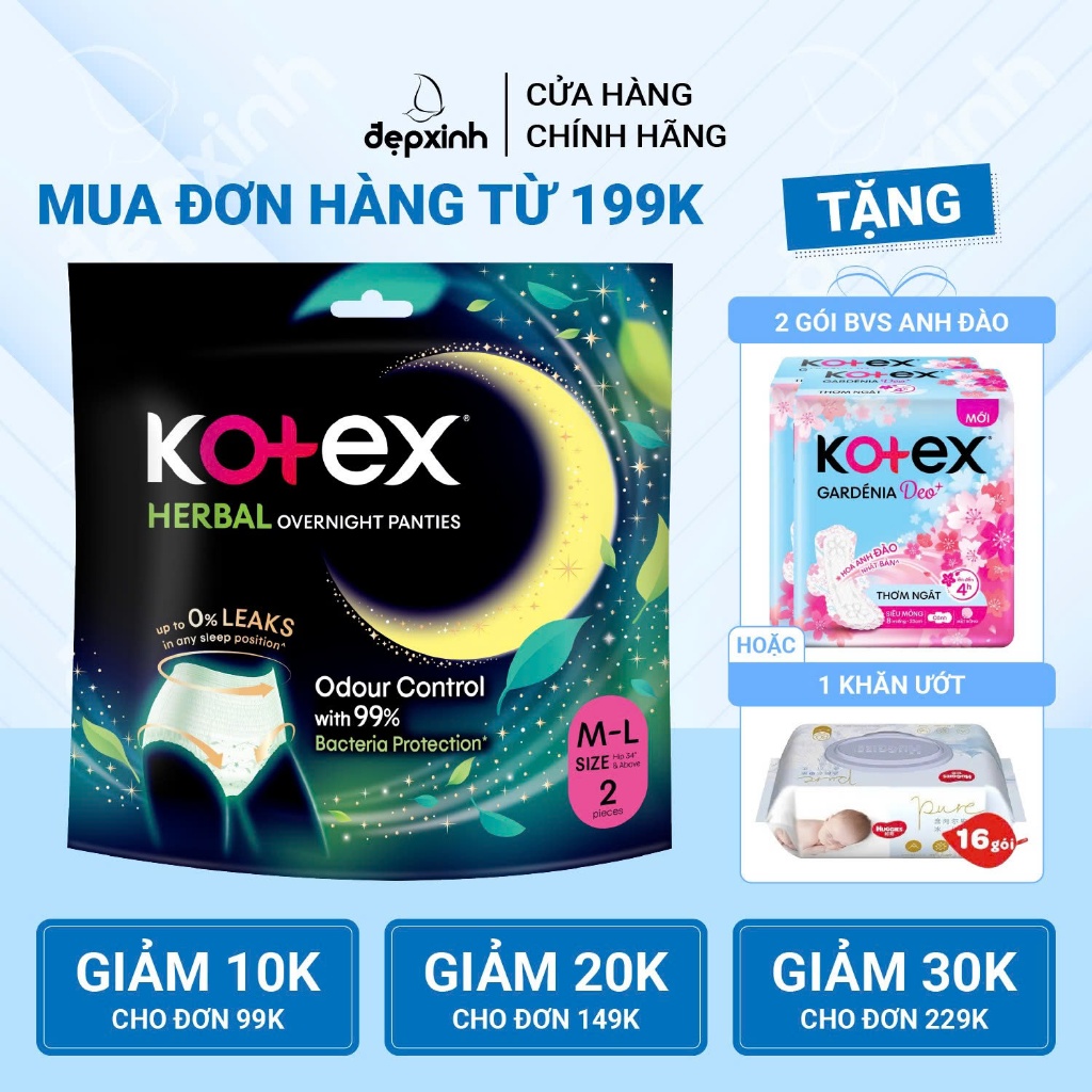 Băng vệ sinh dạng quần Kotex Herbal Overnight ML 2 miếng