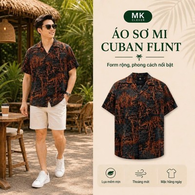 Áo Sơ Mi nam Cuban Flint MK CLEVER Chất lụa mềm mịn thoáng mát, thấm hút tốt, form rộng hằng ngày