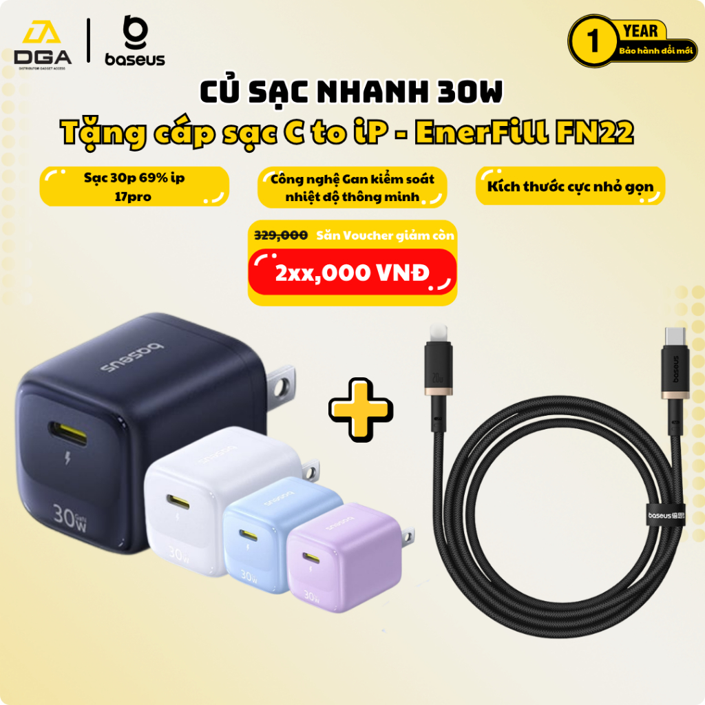 [Chính hãng Full Vat] Củ Sạc Nhanh Baseus EnerFill FN22 30W Nhỏ Gọn Kiểm Soát Nhiệt Thông Minh
