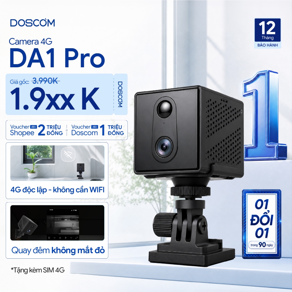 Camera 4G Mini Doscom DA1 Pro Giám Sát An Ninh 360° - Quay Đêm Hồng Ngoại Không Phát Ánh Sáng Đỏ