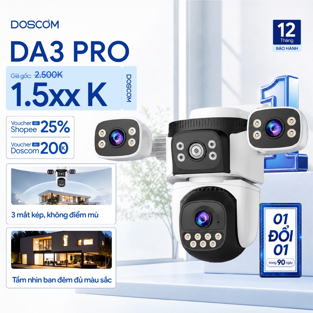 Camera Wifi Ngoài Trời 3 Mắt Doscom DA3 Pro Giám Sát An Ninh, Góc Quay Rộng 360 , Đàm Thoại 2 Chiều