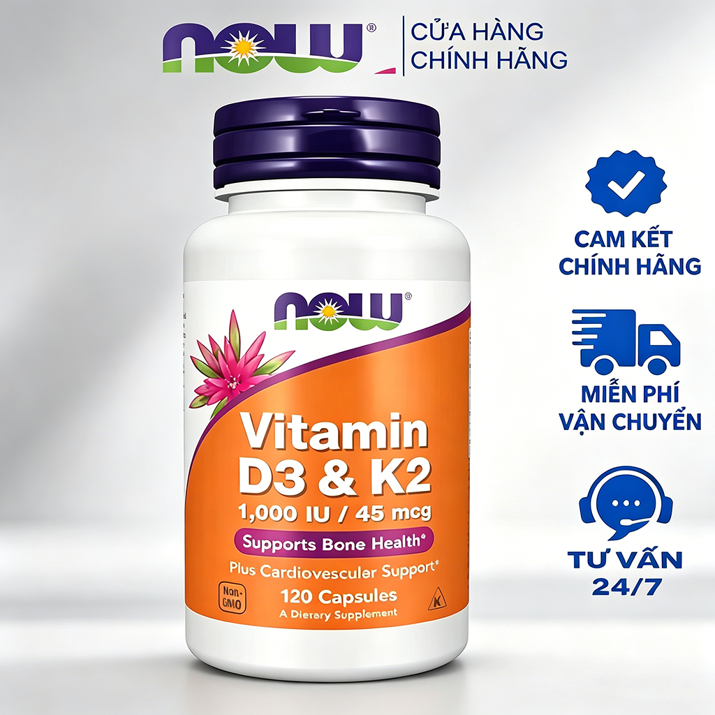Viên nang Vitamin D3 K2 MK7 NOW Foods, bổ sung canxi cho người lớn kết hợp Magie Glycinat, hoạt tính