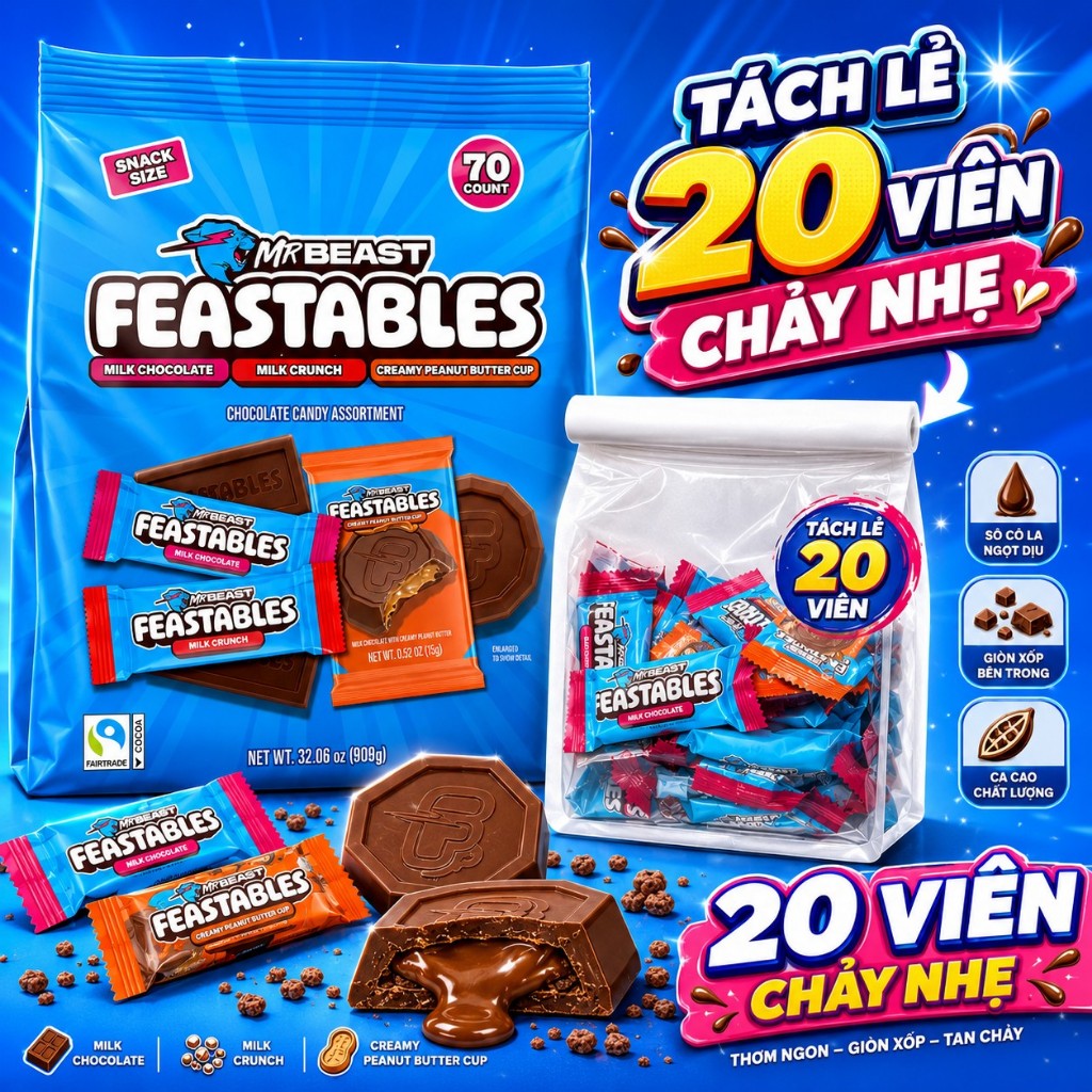 [MUA 2 TẶNG 1] Kẹo Socola MR.BEAST FEASTABLES Mix Ngẫu Nhiên Kẹo Socola Nhập Mỹ Socola Sữa DATE 9/26
