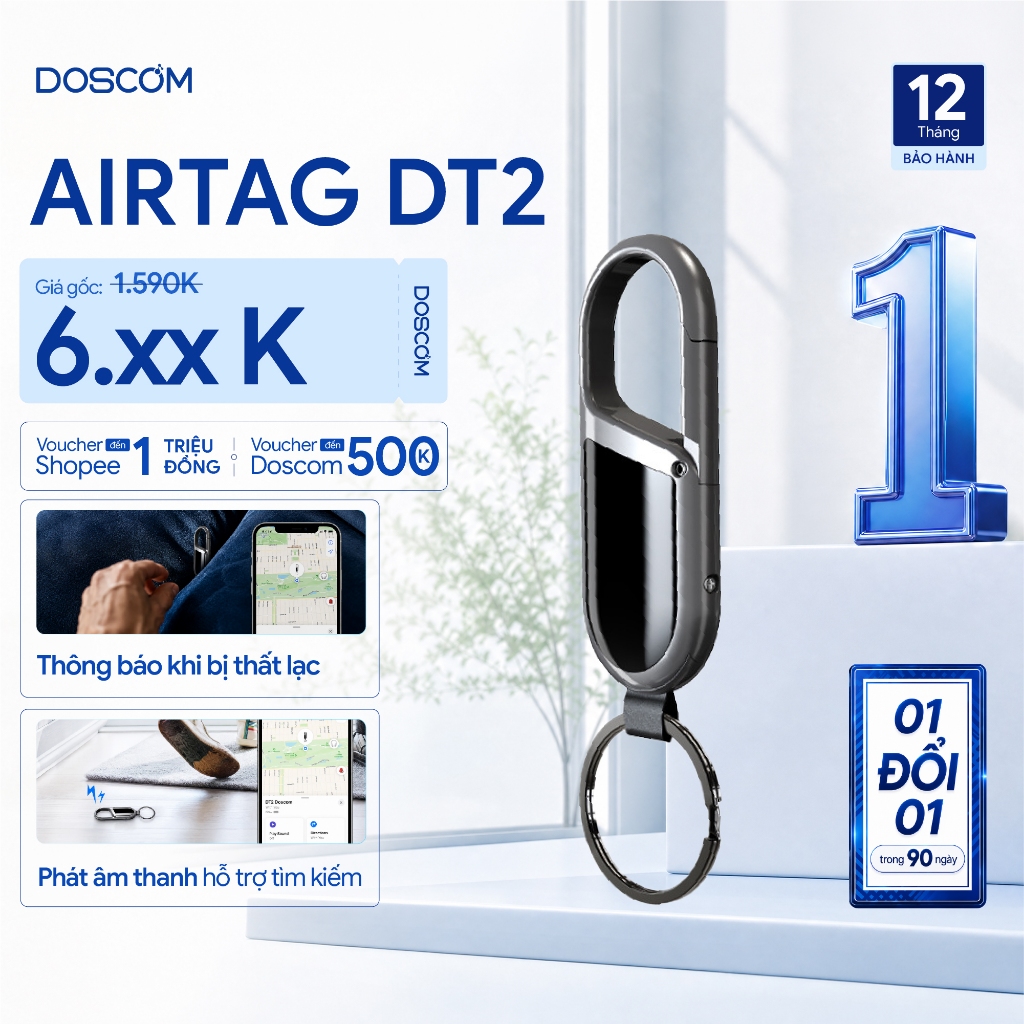 Thiết Bị Định Vị Mini DOSCOM DT2 – Kết Nối Find My, Pin 12 Tháng, Chống Nước, Định Vị Toàn Cầu