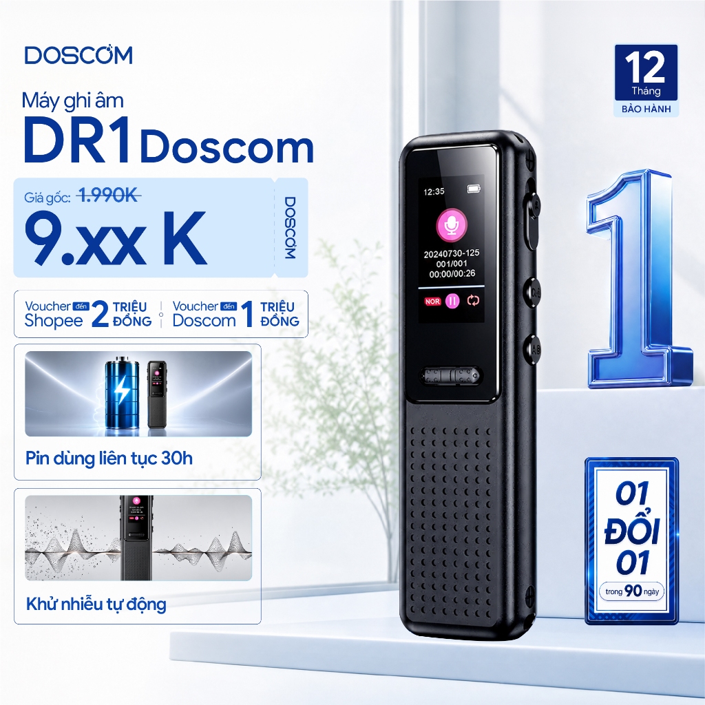 Thiết bị ghi âm mini DR1 Doscom - Lọc tiếng ồn chủ động, nhỏ ngọn , Ghi âm liên tục 30 Tiếng