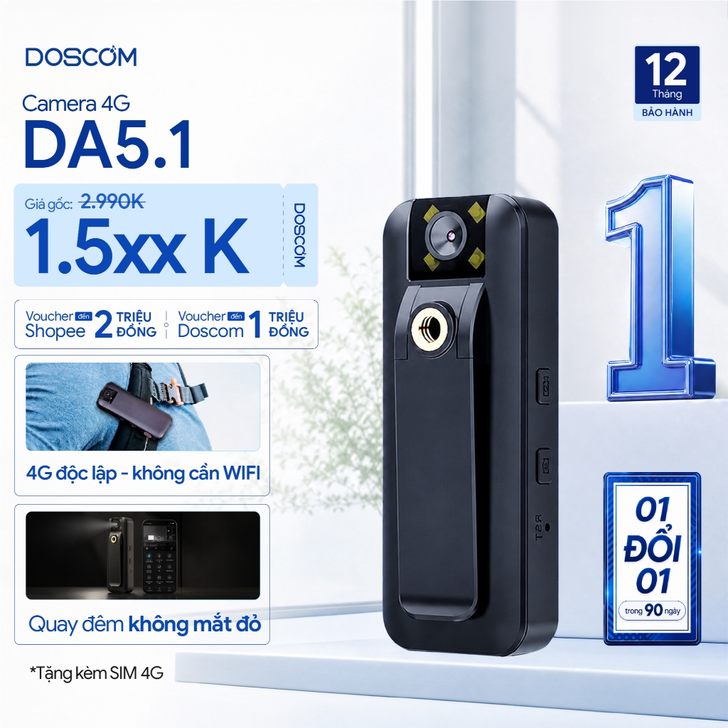 {Tặng Sim 4G} Camera 4G Mini Doscom DA-5.1 Full HD, Camera cài áo  Xem Từ Xa Qua Điện Thoại