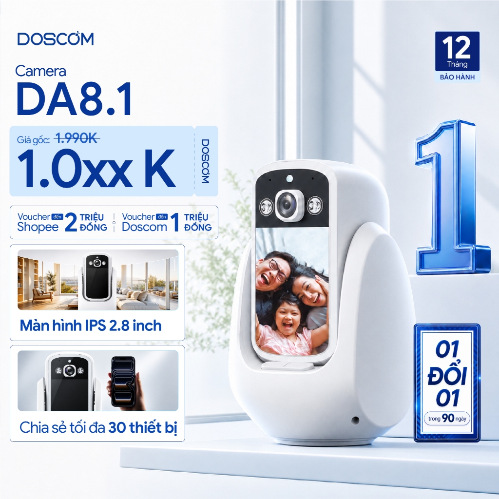 Camera Wifi Doscom DA8.1 Gọi Video 2 Chiều Màn Hình 2.8 Inch, Full HD, camera trong nhà cho gia đình